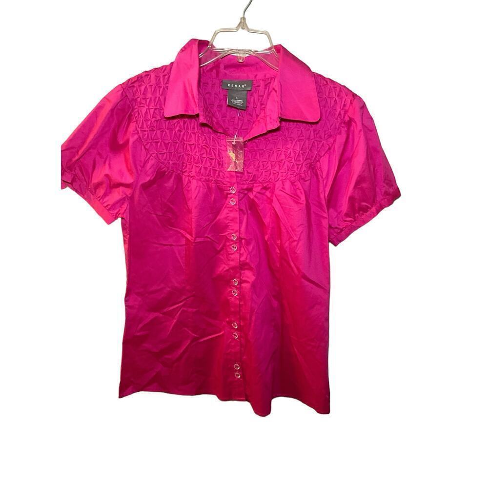 Kenar‎ Button-Up Blouse Top Women's Size L Pink Bell Sleeve Spread Collar Cotton